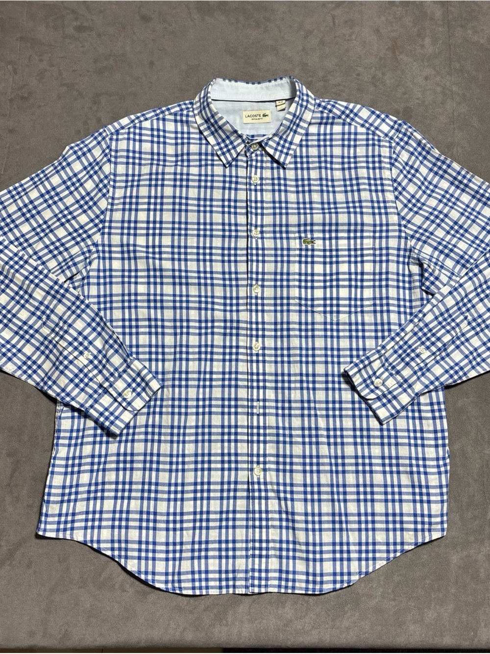 Lacoste Mens Shirt XL Blue Gingham Plaid Long Sleeve Button Down Casual Pocket